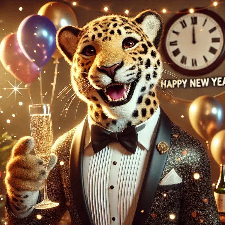 dall·e 2024 12 31 12.06.05 a professional quality, highly detailed 4k photorealistic image of an anthropomorphic leopard celebrating new year's eve. the leopard has human like f